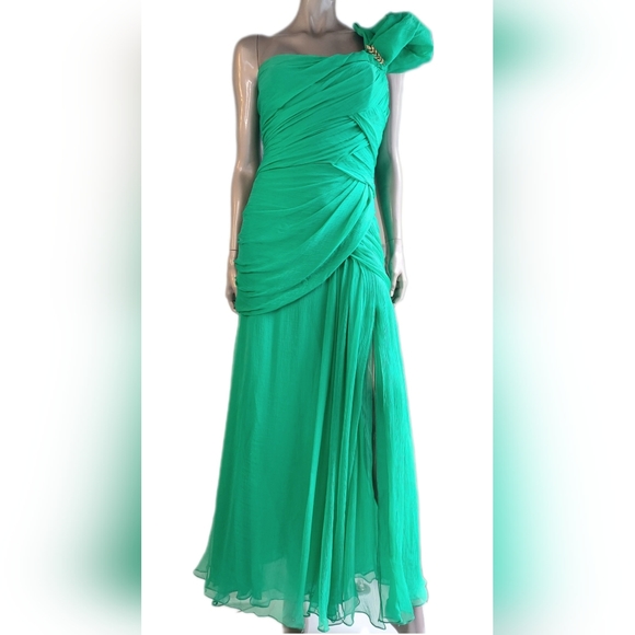 $5,990 OSCAR DE LA RENTA STUNNING VIVID GREEN SILK RUNWAY GOWN US 12 XL - Picture 4 of 16